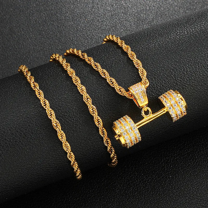 Diamond-studded zircon gold dumbbell pendant